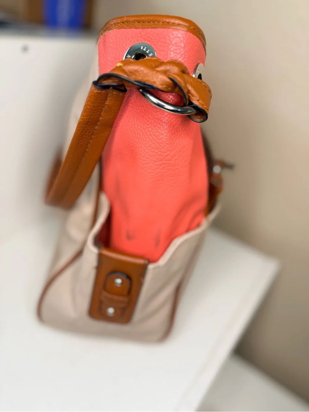 Rosetti Colorblock Hobo Shoulder Bag Pink Beige Brown Faux Leather Multi Pocket